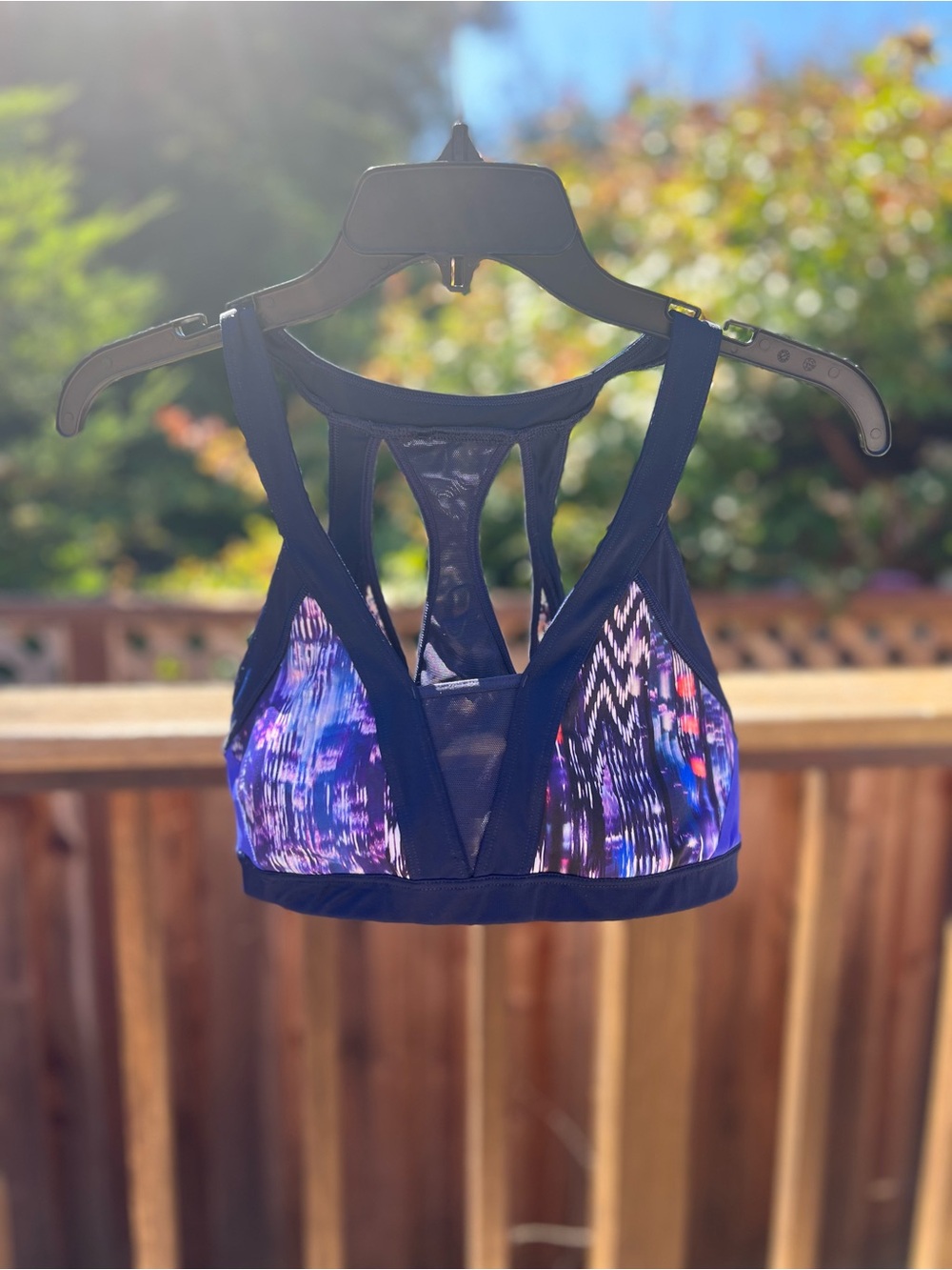 Athleta Navy and Purple Mosaic Racerback Sports Bra